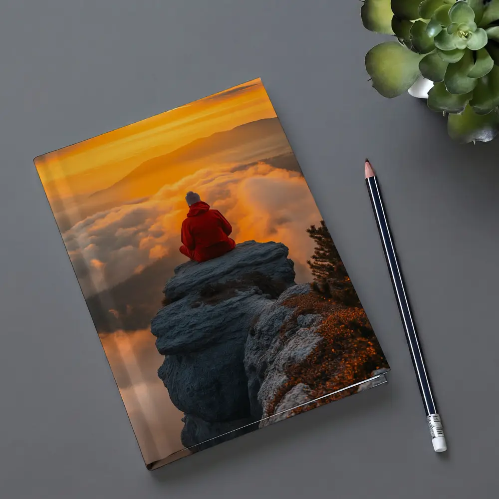 Meditating Person On Rocky Cliff Golden Sunset – Notebooks