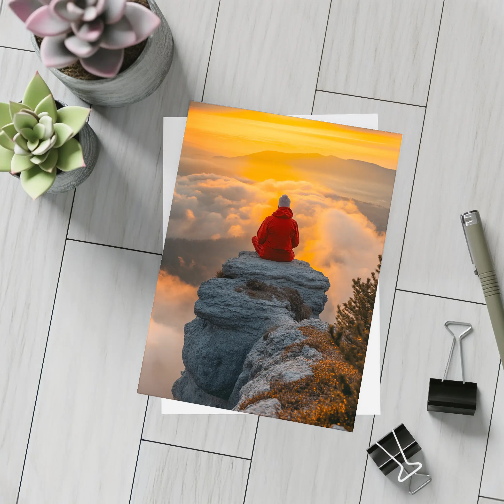 Meditating Person On Rocky Cliff Golden Sunset – Postcards