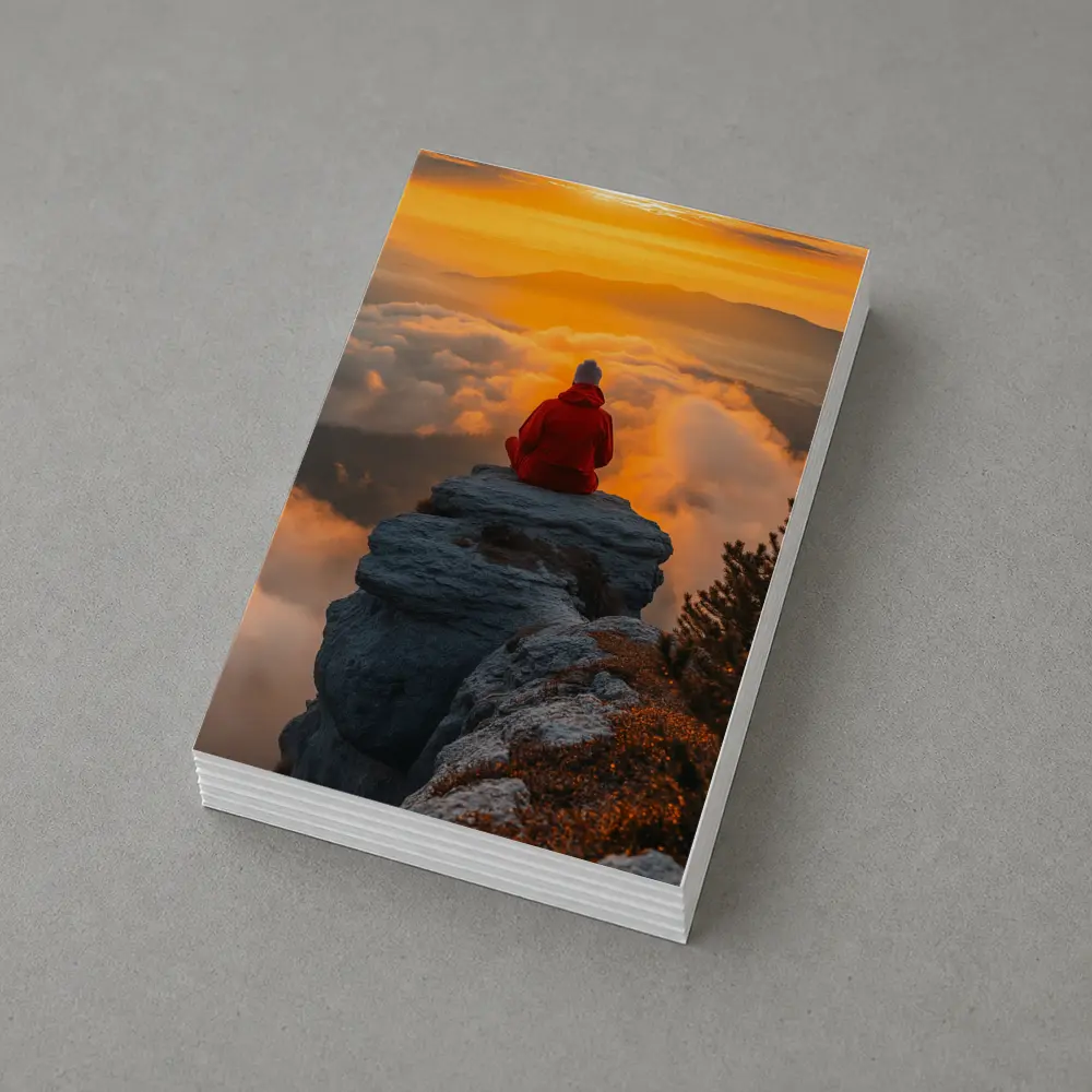 Meditating Person On Rocky Cliff Golden Sunset – Postcards
