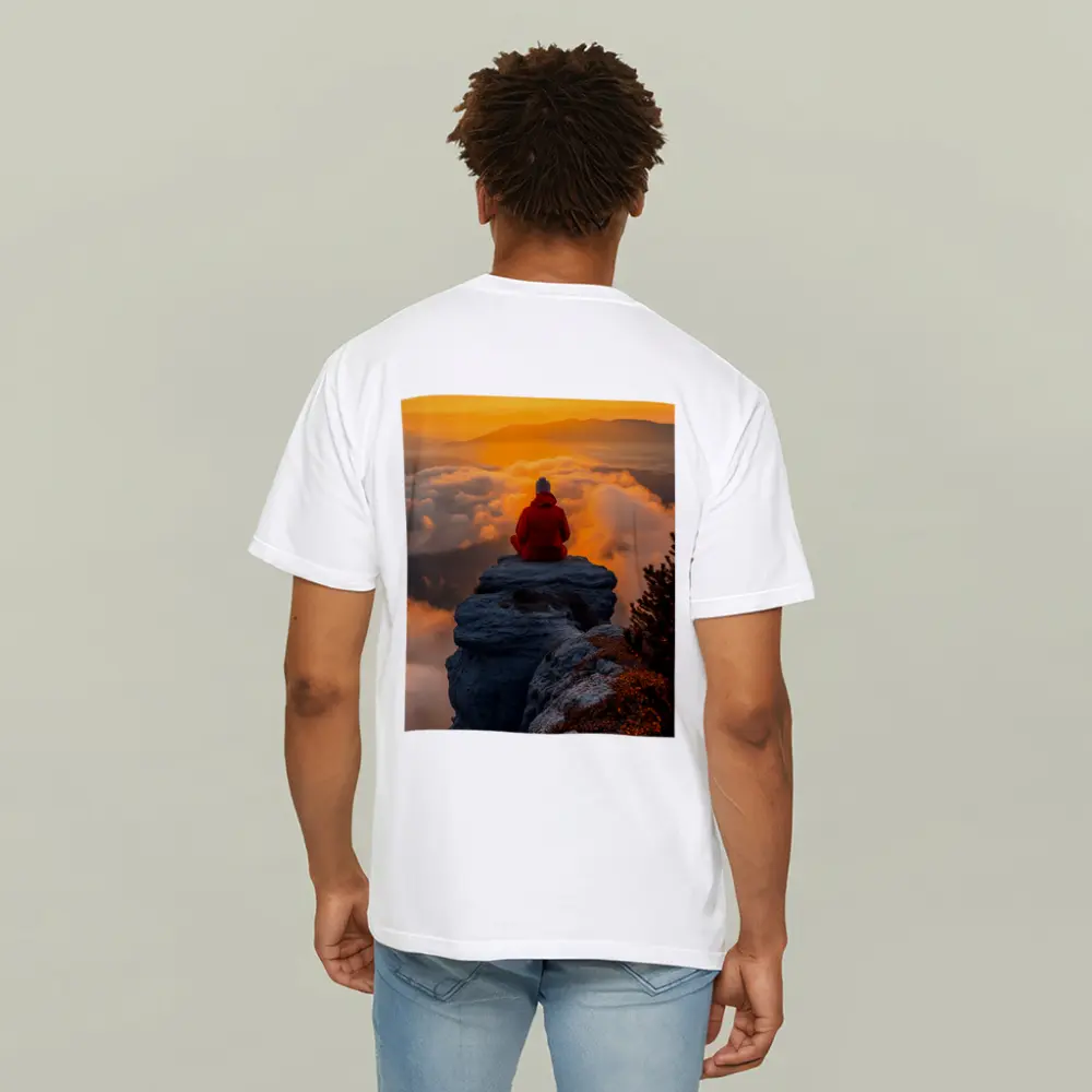 Meditating Person On Rocky Cliff Golden Sunset – T-Shirts