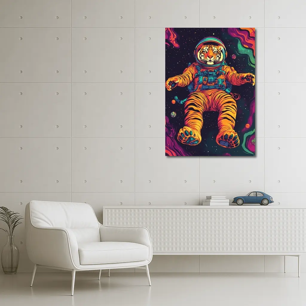 Tiger Astronaut Floating in Colorful Space – Wall Art