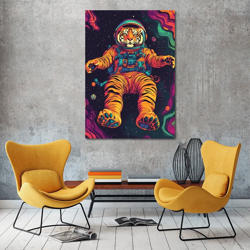 Tiger Astronaut Floating in Colorful Space – Wall Art