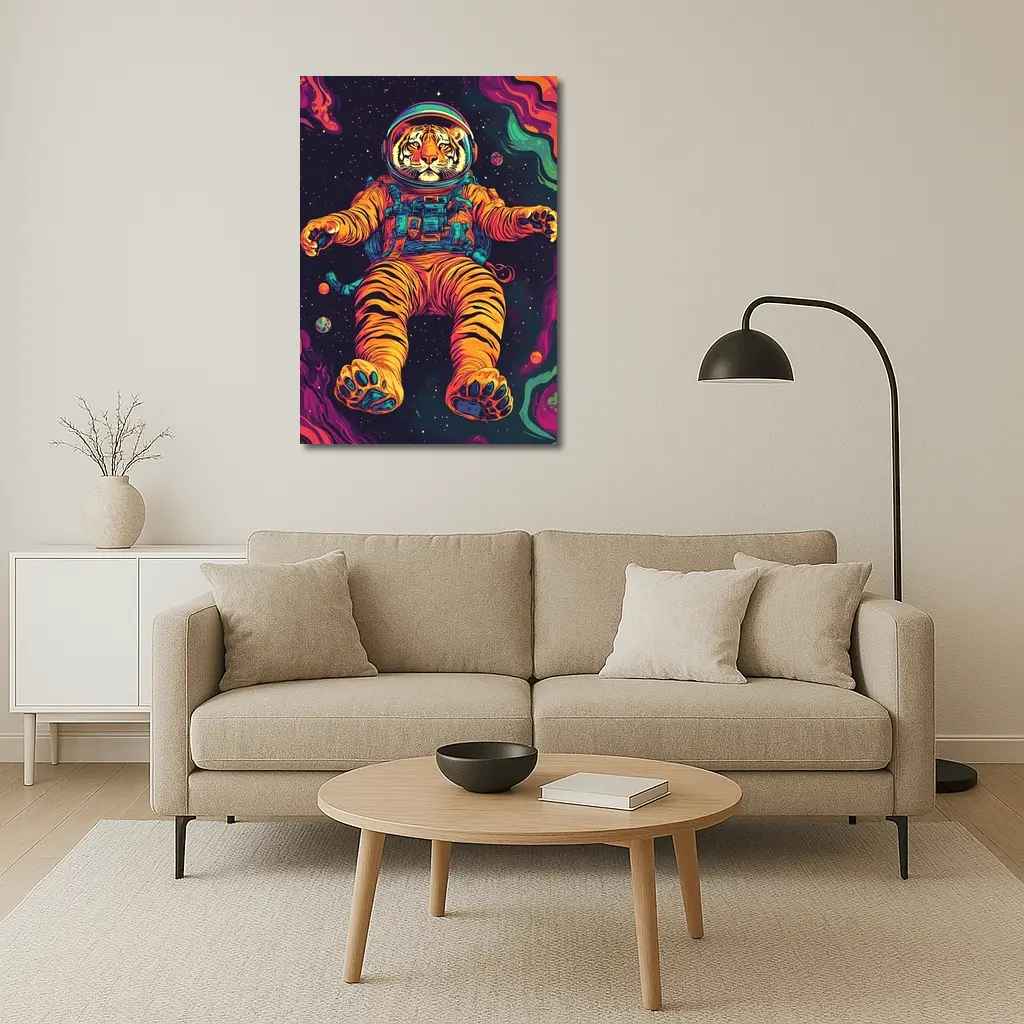 Tiger Astronaut Floating in Colorful Space – Wall Art