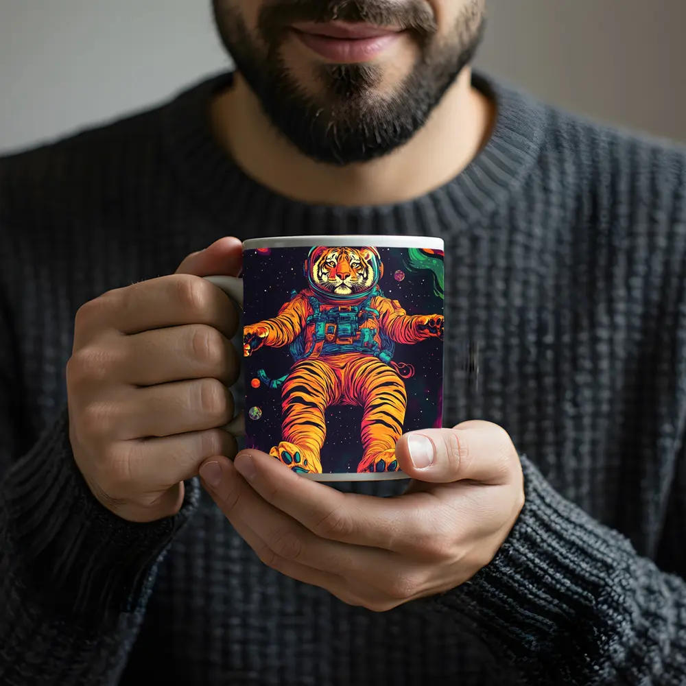 Tiger Astronaut Floating in Colorful Space – Mugs