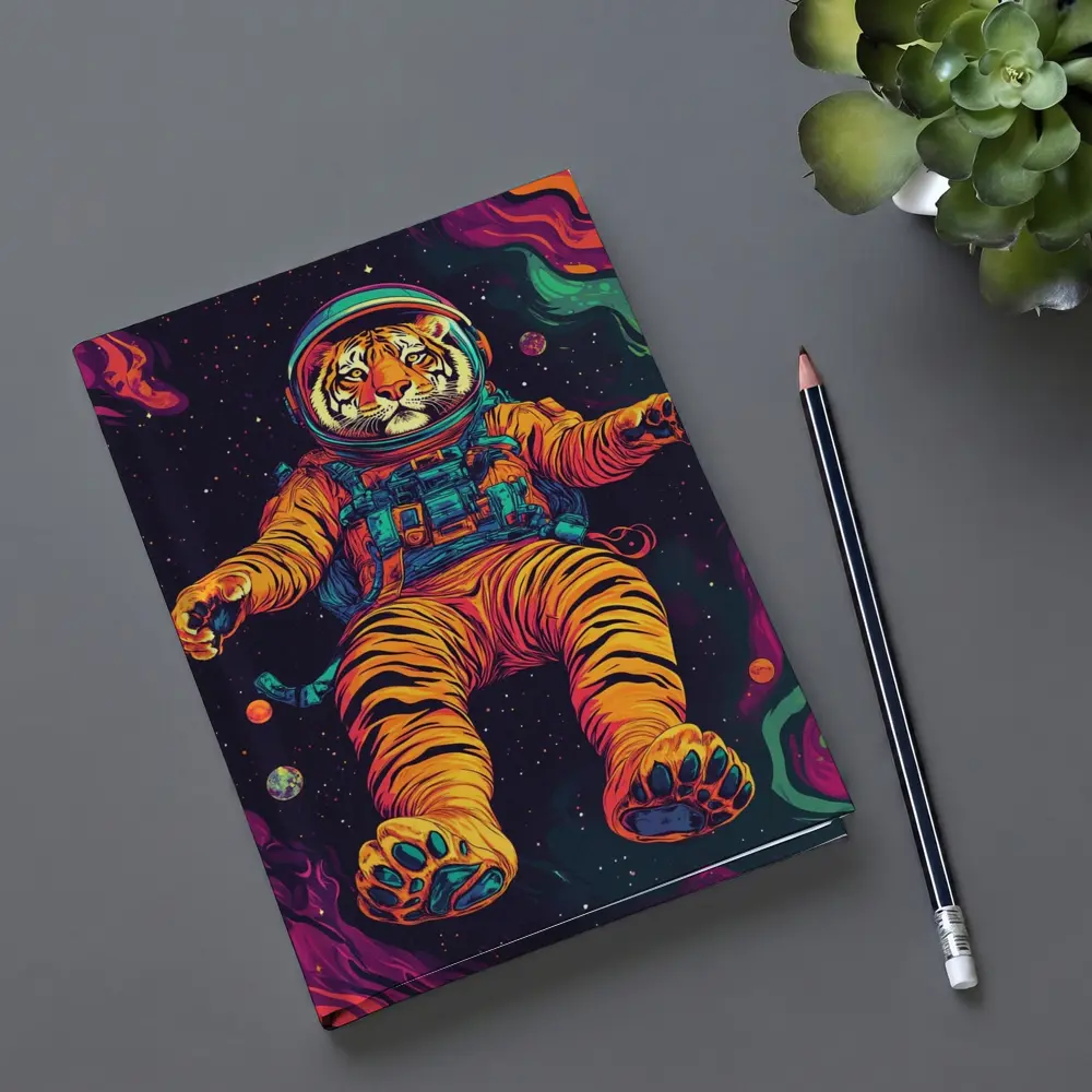 Tiger Astronaut Floating in Colorful Space – Notebooks