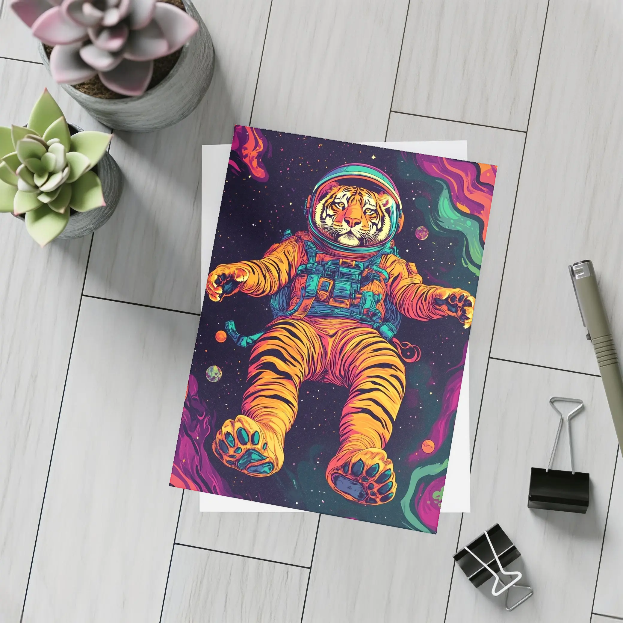 Tiger Astronaut Floating in Colorful Space – Postcards