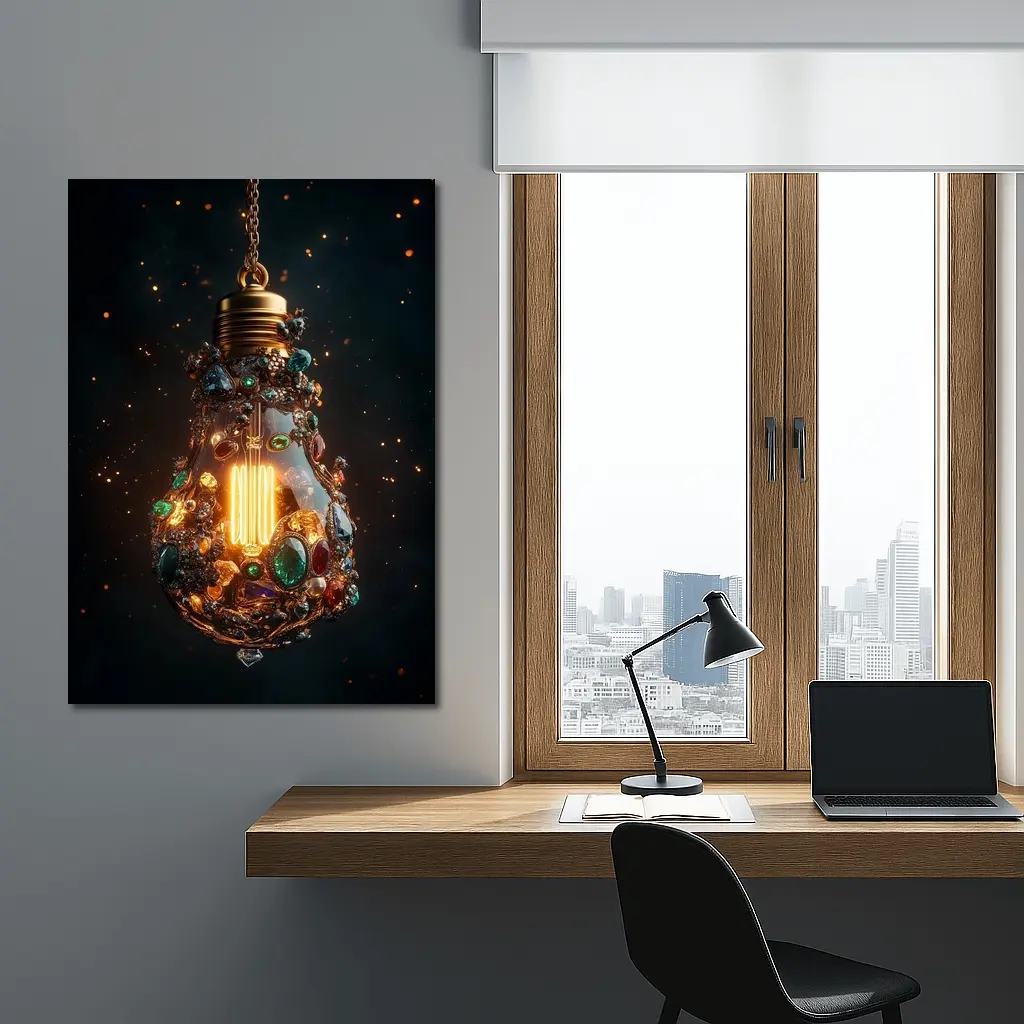 Jeweled Light Bulb Glowing Dark Background – Wall Art