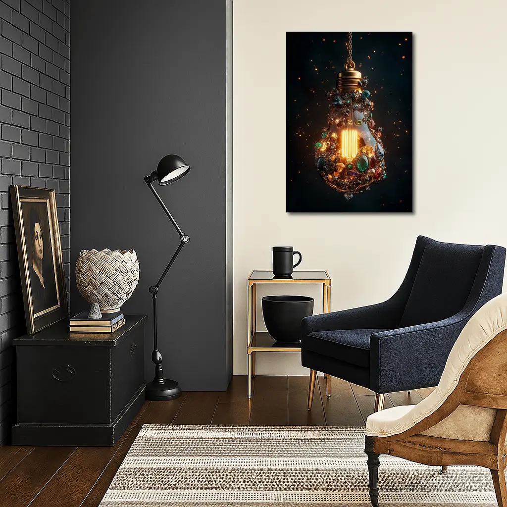 Jeweled Light Bulb Glowing Dark Background – Wall Art