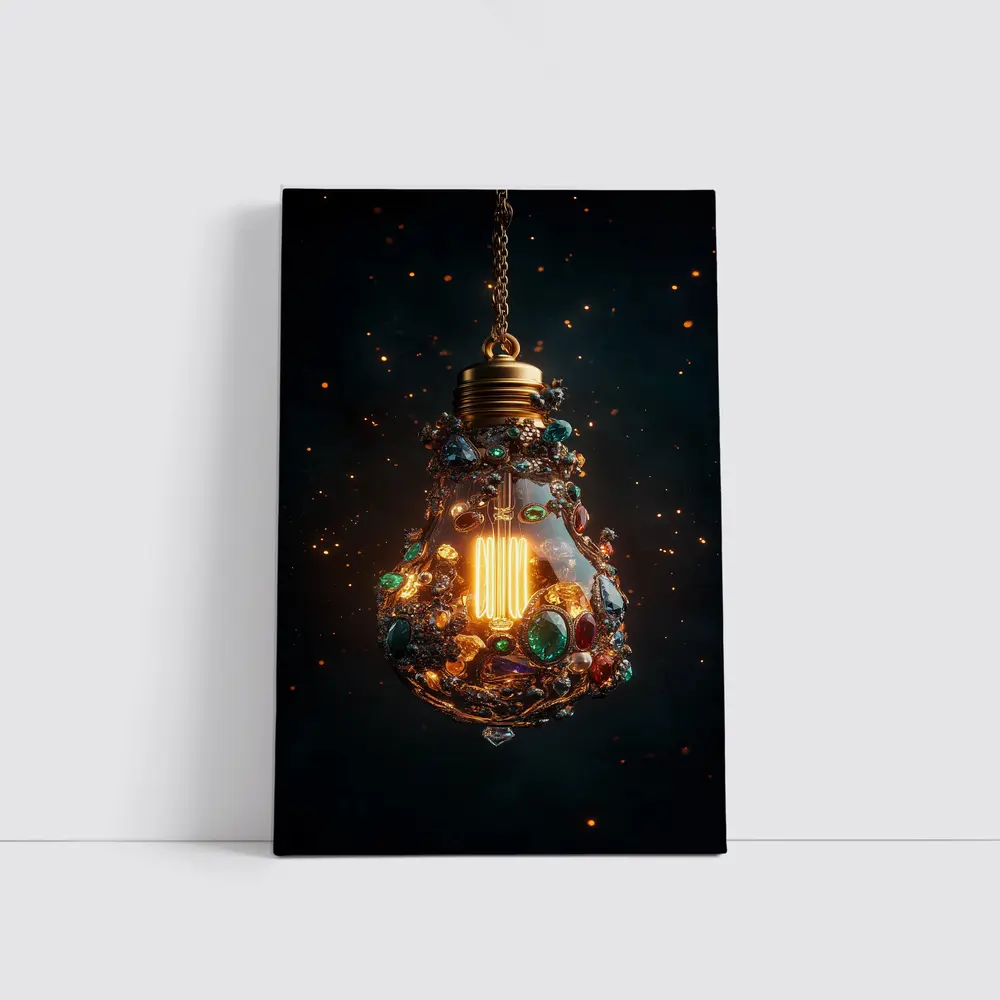 Jeweled Light Bulb Glowing Dark Background – Wall Art