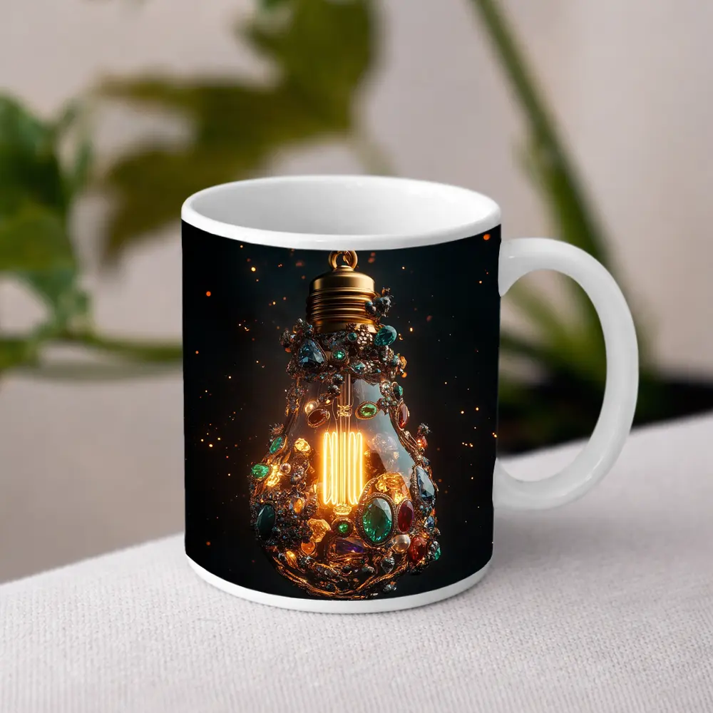 Jeweled Light Bulb Glowing Dark Background – Mugs