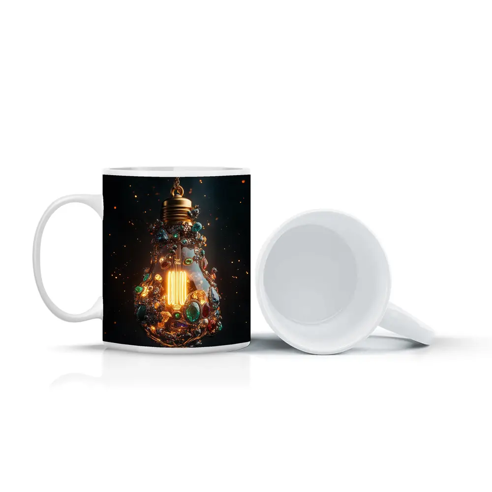Jeweled Light Bulb Glowing Dark Background – Mugs