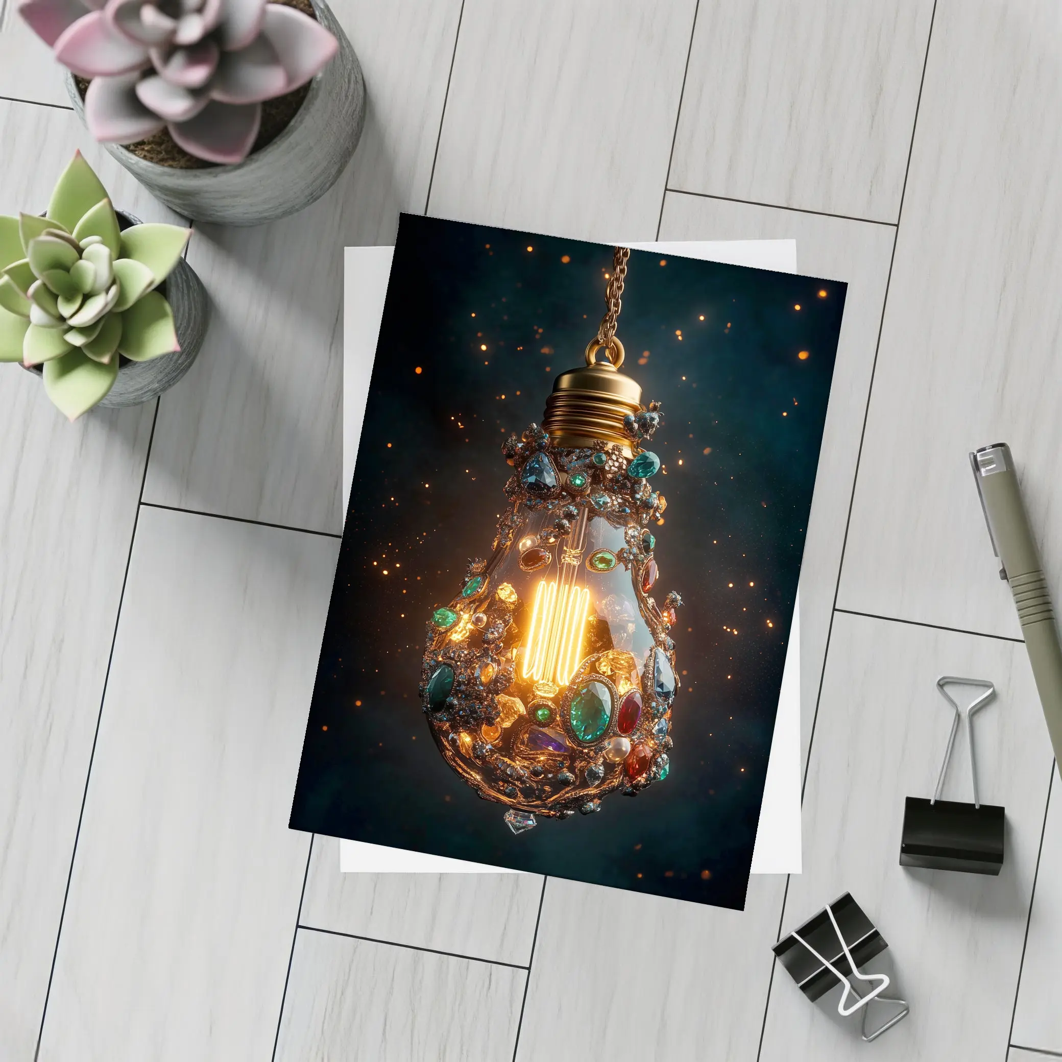 Jeweled Light Bulb Glowing Dark Background – Postcards