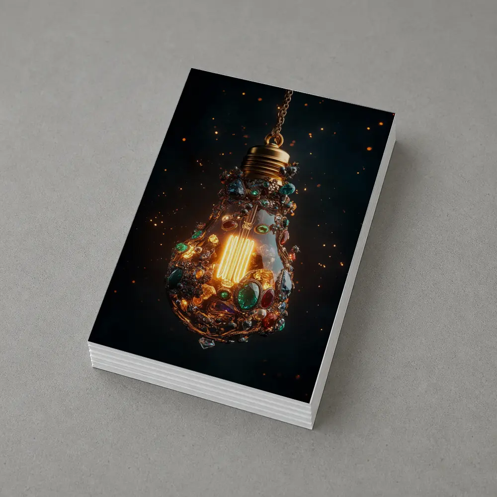 Jeweled Light Bulb Glowing Dark Background – Postcards