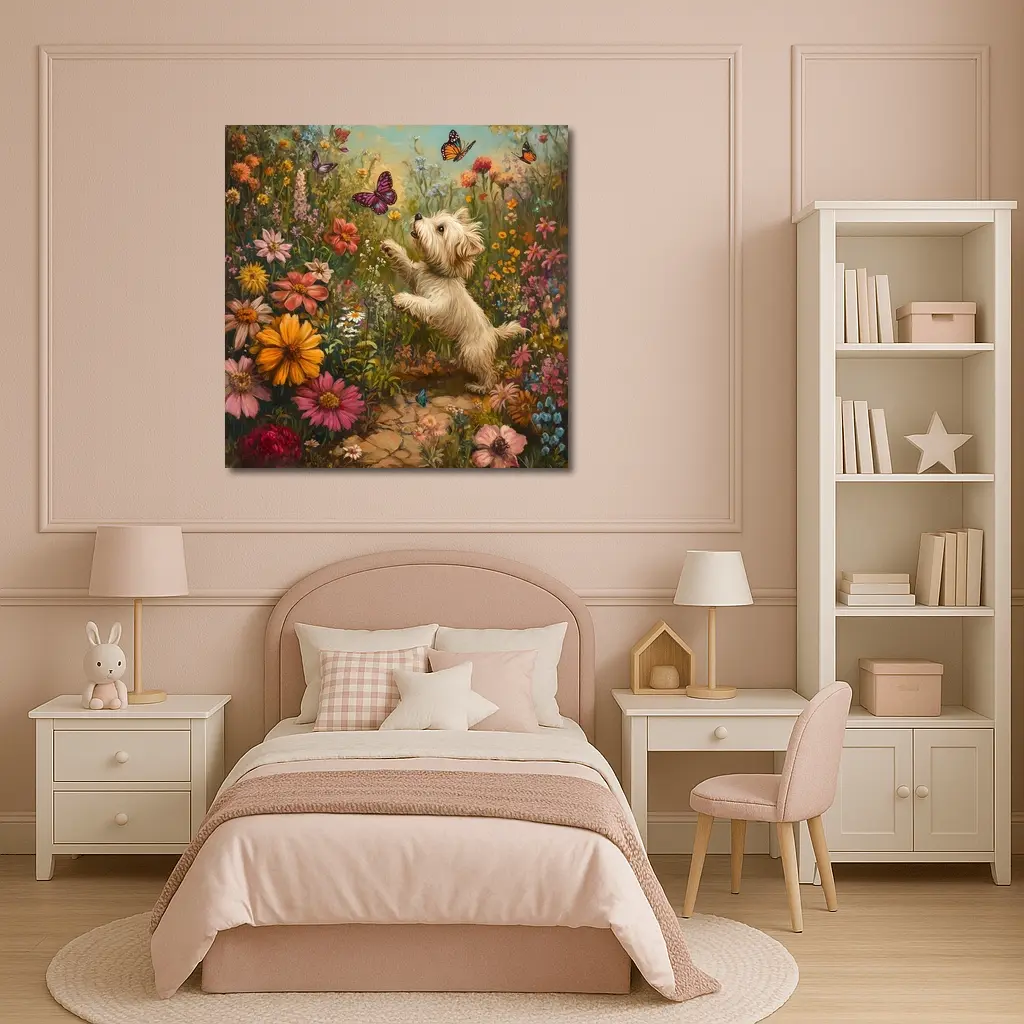 West Highland Terrier Playing With Butterflies Flowers – Wall Art