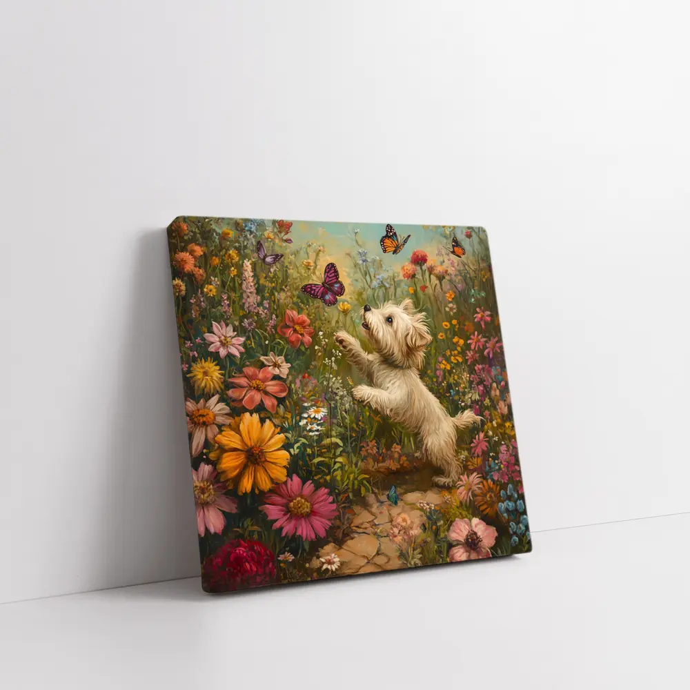 West Highland Terrier Playing With Butterflies Flowers – Wall Art