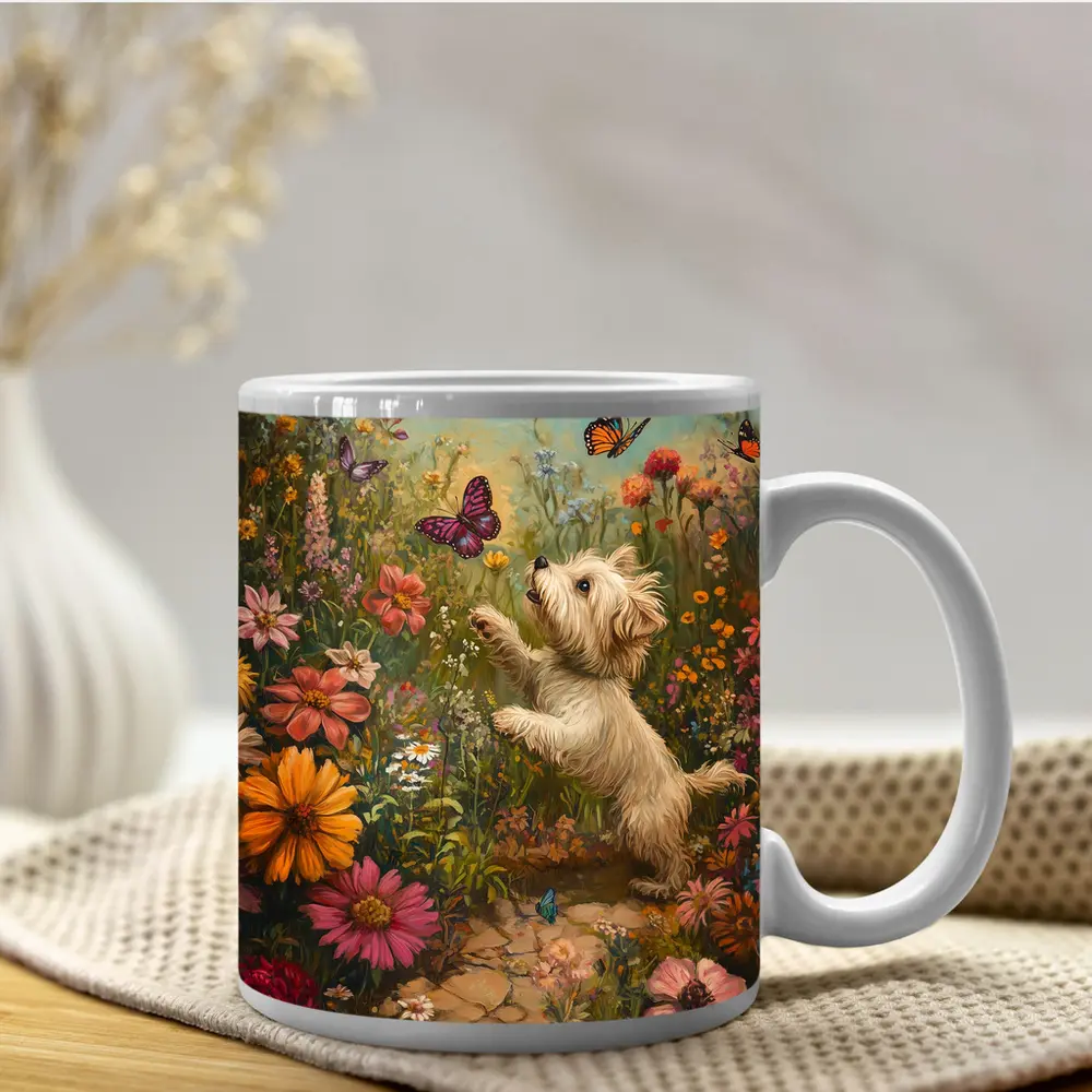 West Highland Terrier Playing With Butterflies Flowers – Mugs