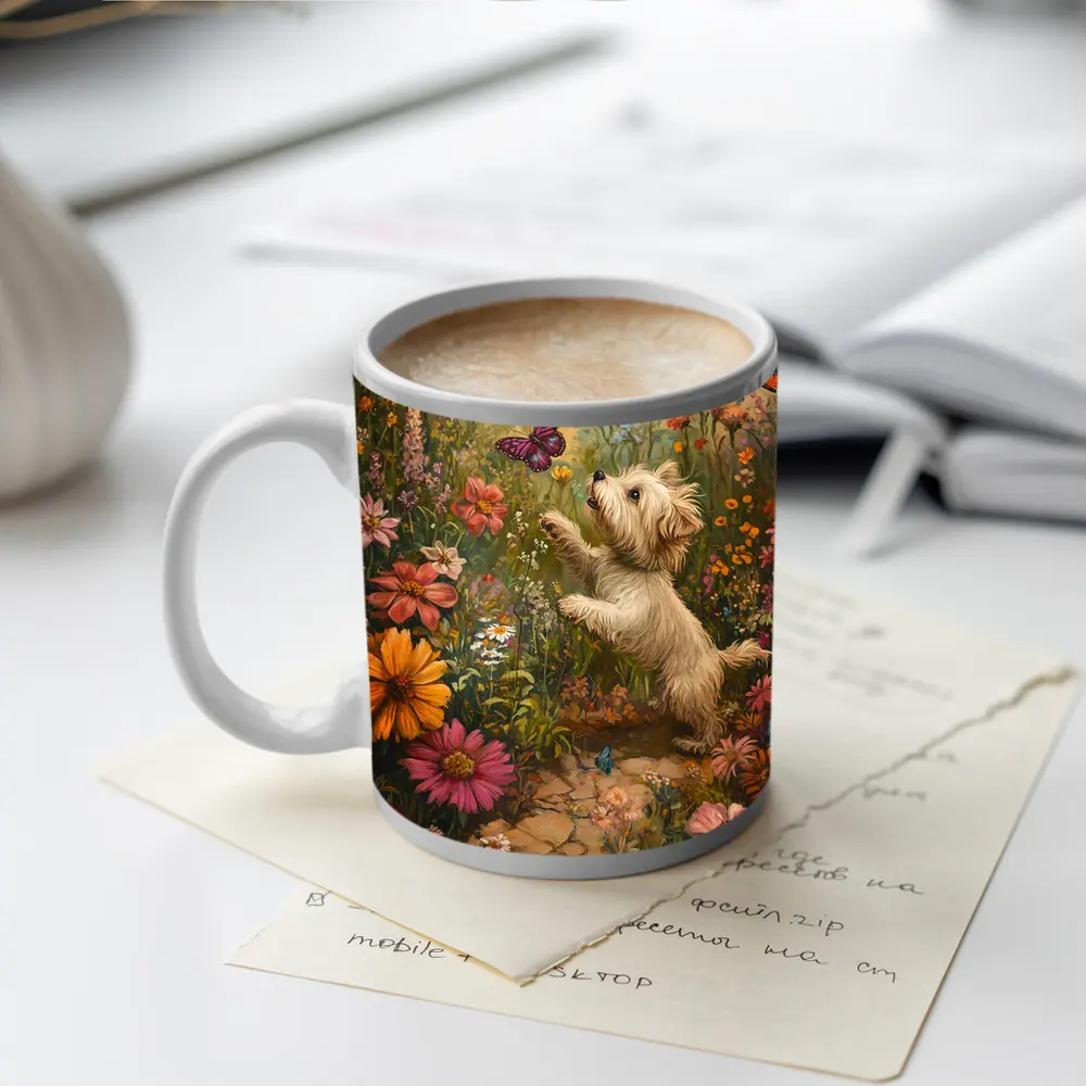 West Highland Terrier Playing With Butterflies Flowers – Mugs