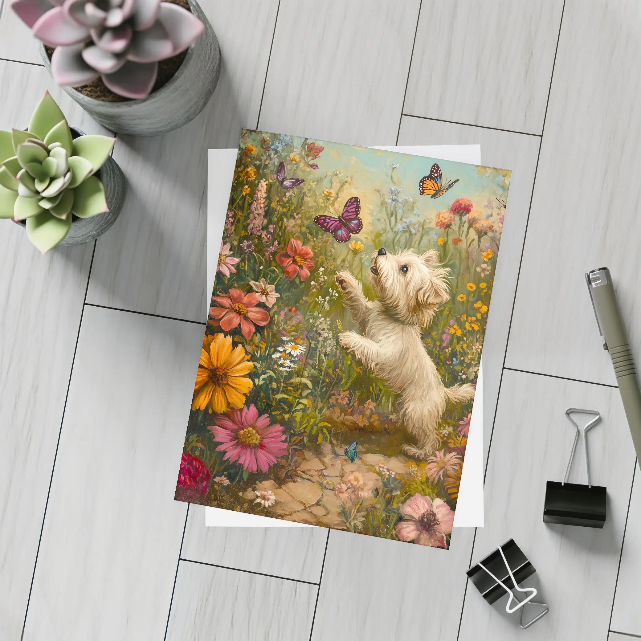 West Highland Terrier Playing With Butterflies Flowers – Postcards
