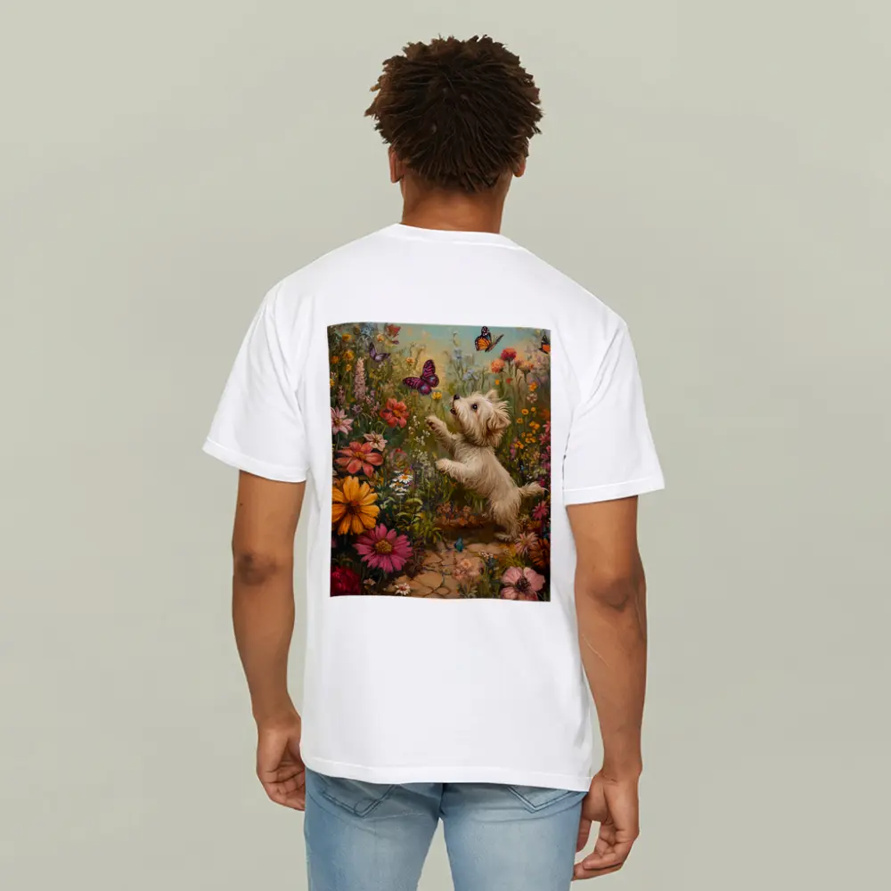 West Highland Terrier Playing With Butterflies Flowers – T-Shirts