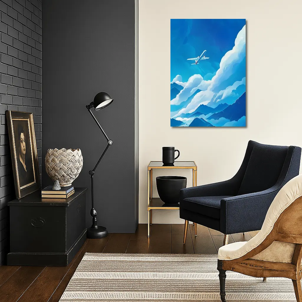 Airplane Flying Over Blue Mountain Clouds – Wall Art