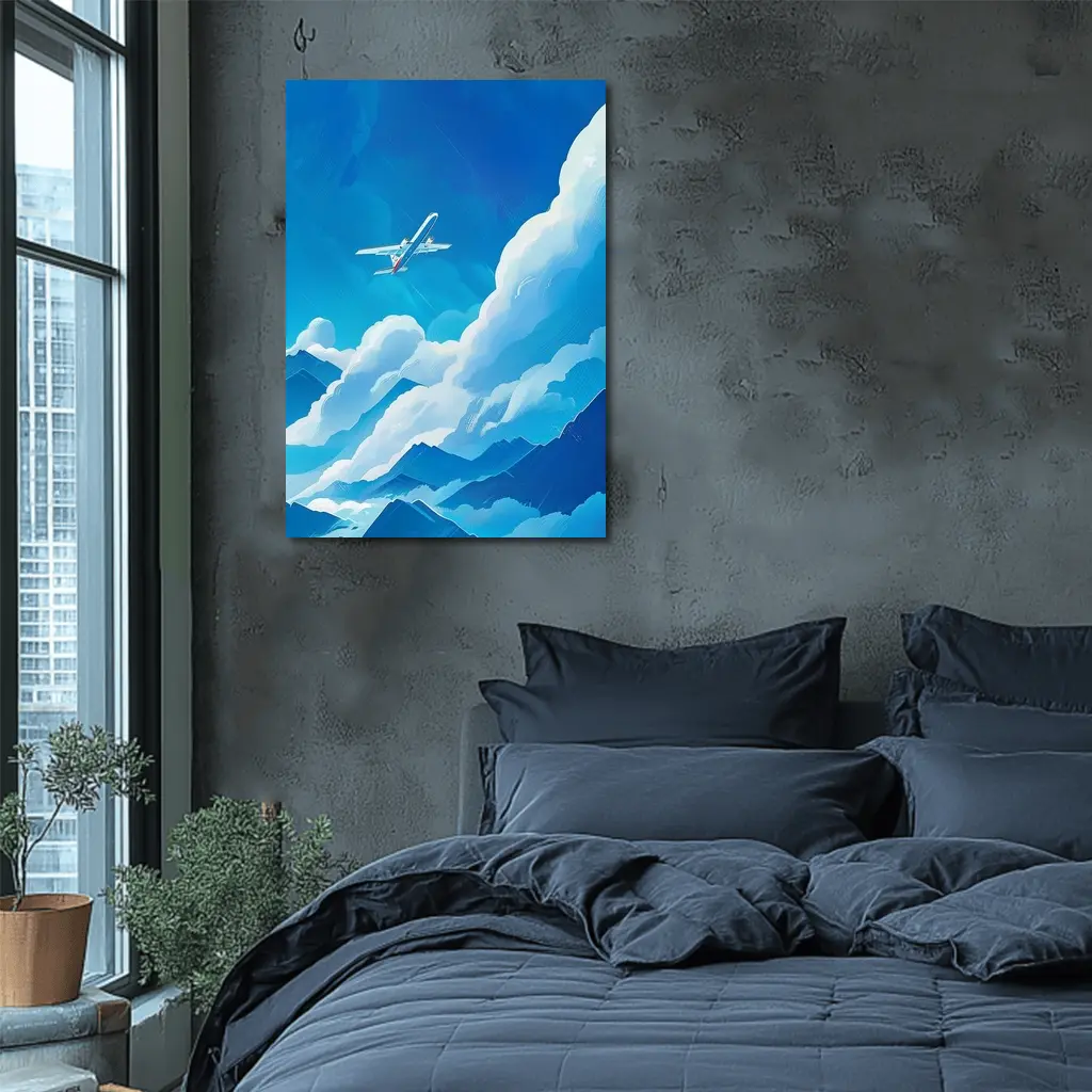Airplane Flying Over Blue Mountain Clouds – Wall Art