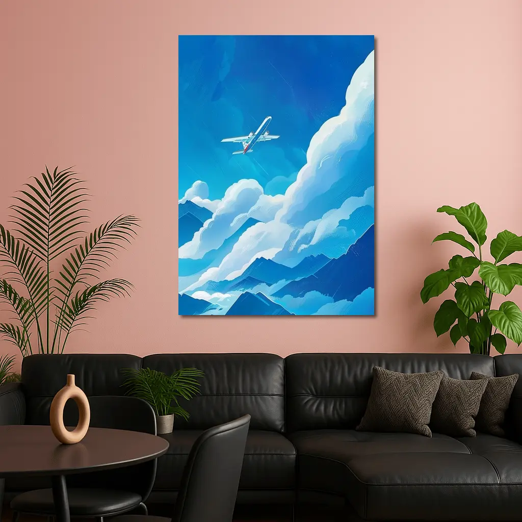 Airplane Flying Over Blue Mountain Clouds – Wall Art