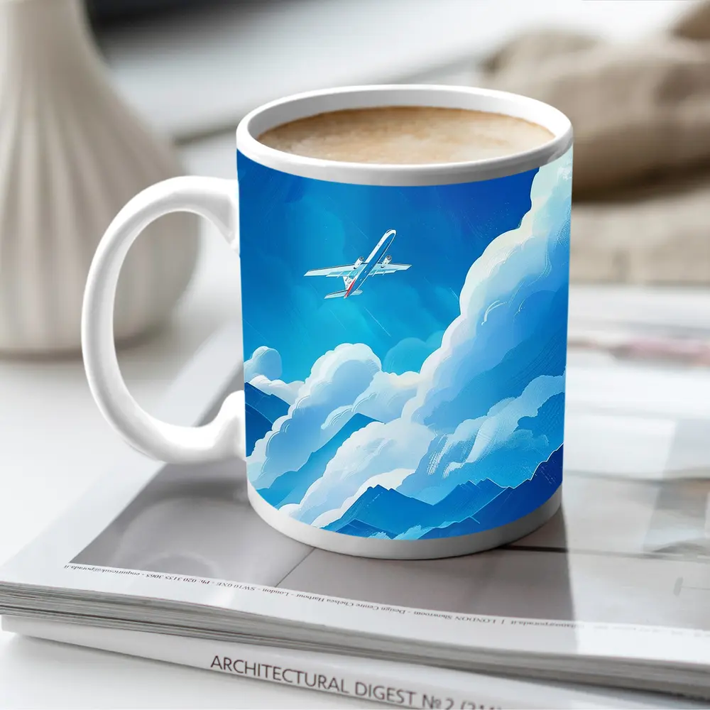 Airplane Flying Over Blue Mountain Clouds – Mugs