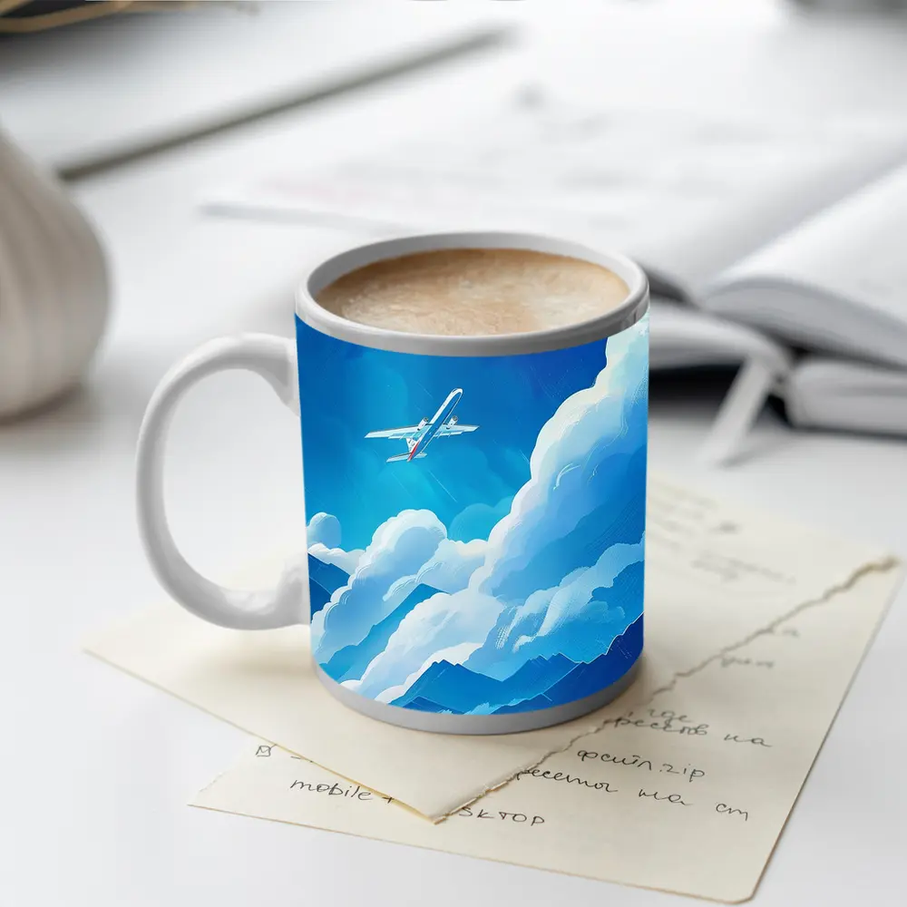 Airplane Flying Over Blue Mountain Clouds – Mugs