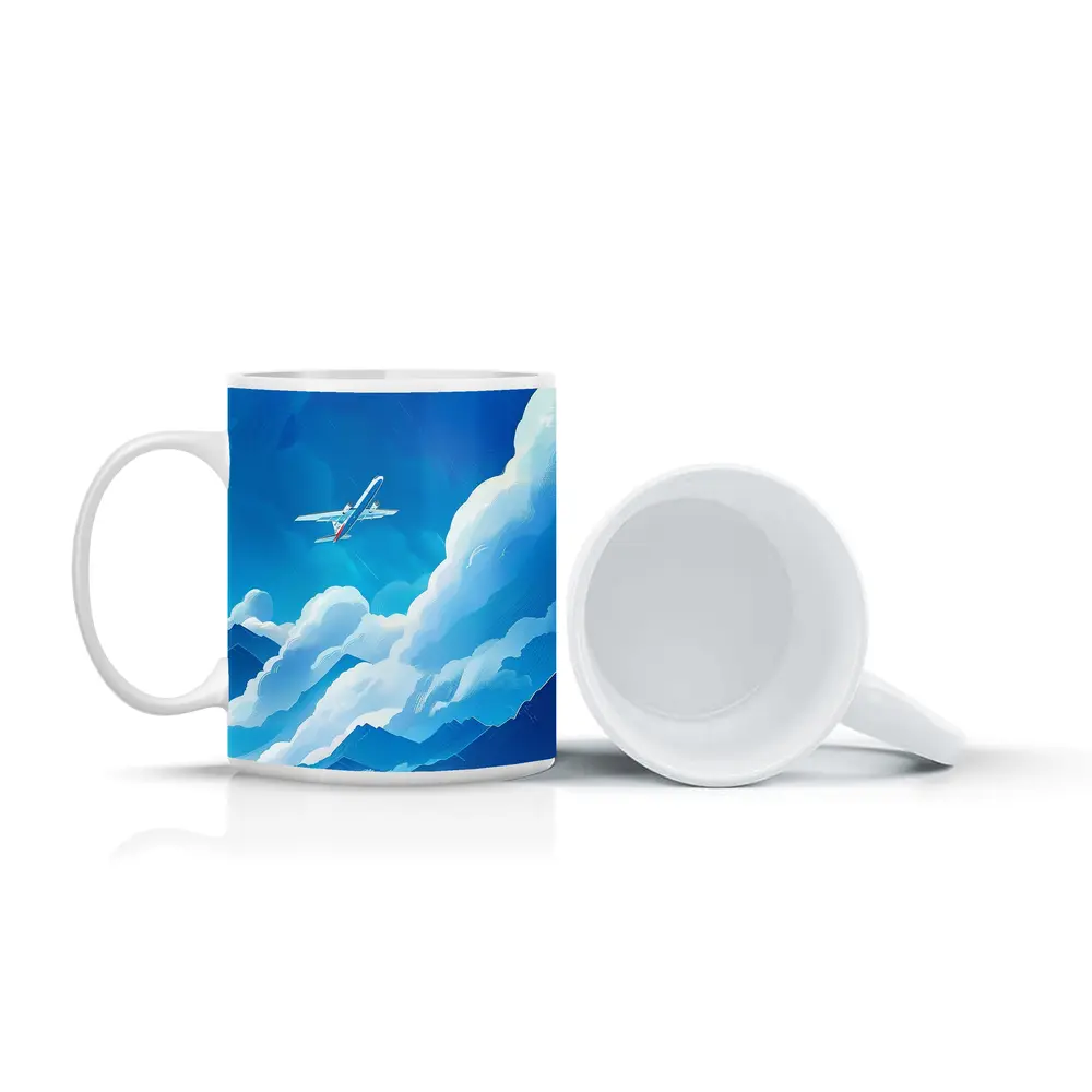 Airplane Flying Over Blue Mountain Clouds – Mugs