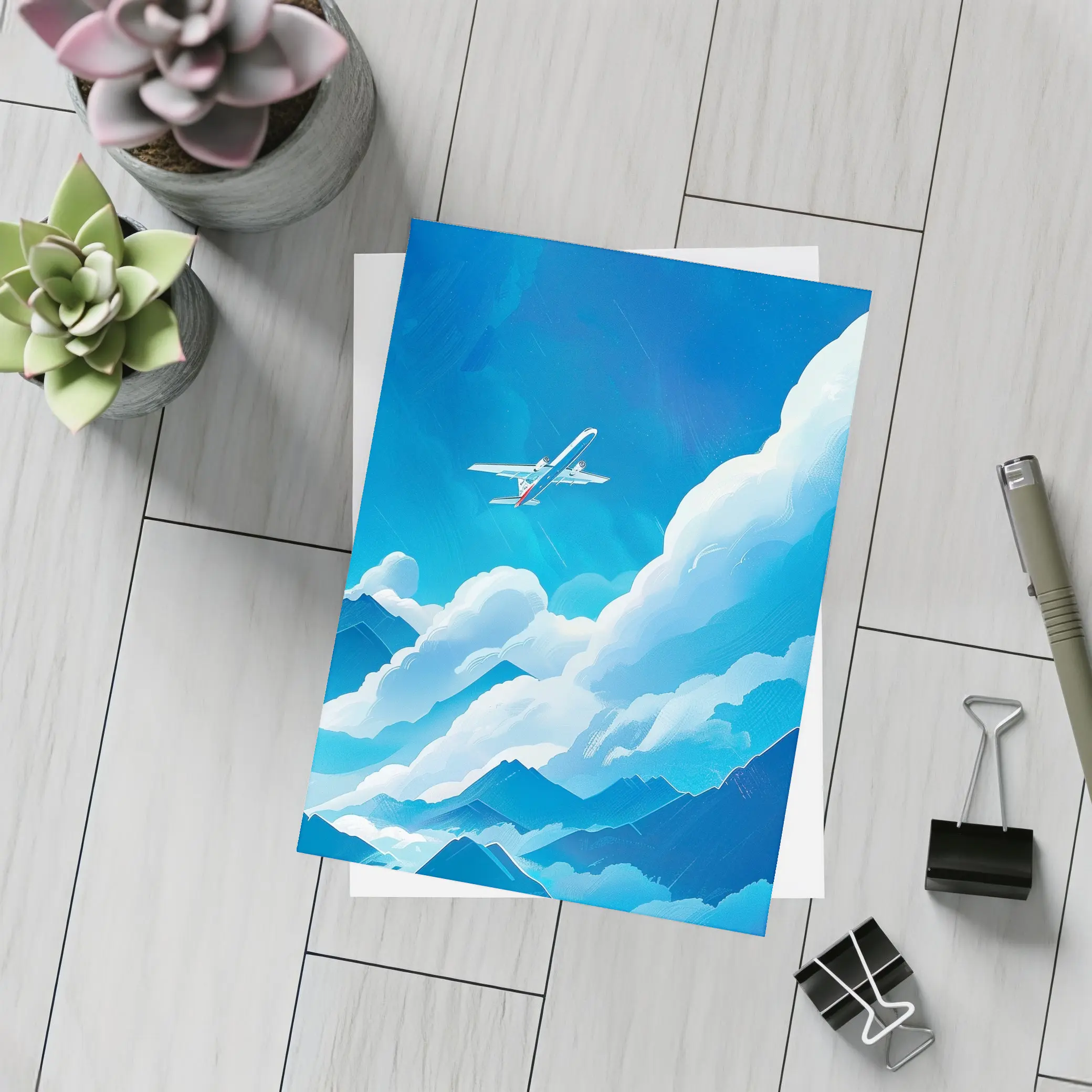 Airplane Flying Over Blue Mountain Clouds – Postcards