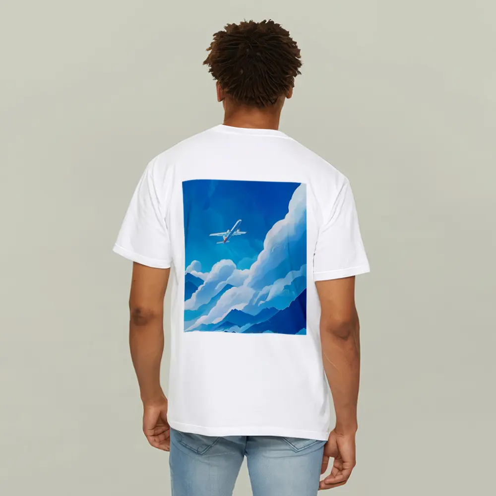 Airplane Flying Over Blue Mountain Clouds – T-Shirts