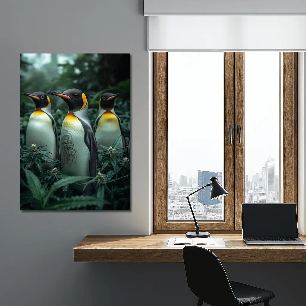 King Penguins Standing Among Cannabis Plants – Wall Art