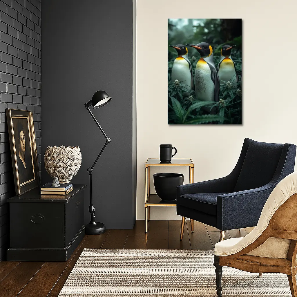 King Penguins Standing Among Cannabis Plants – Wall Art