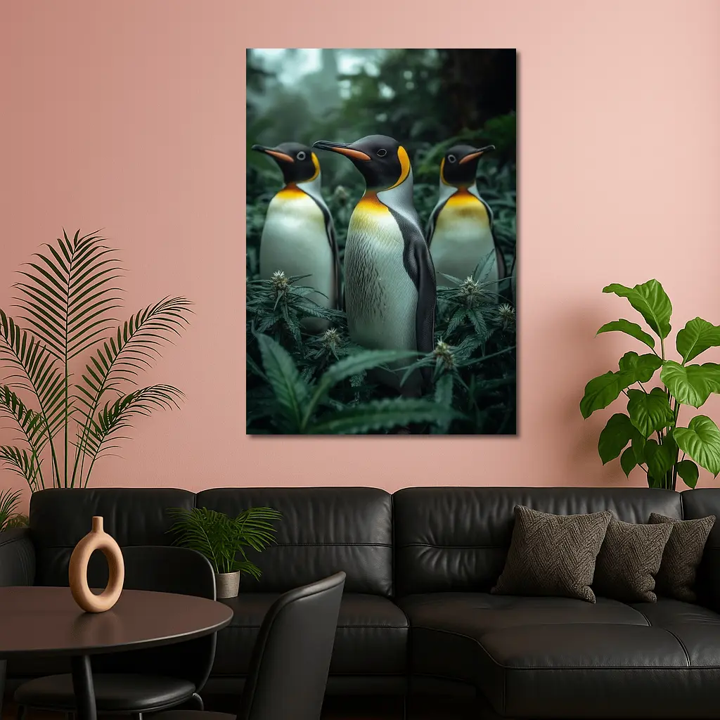 King Penguins Standing Among Cannabis Plants – Wall Art