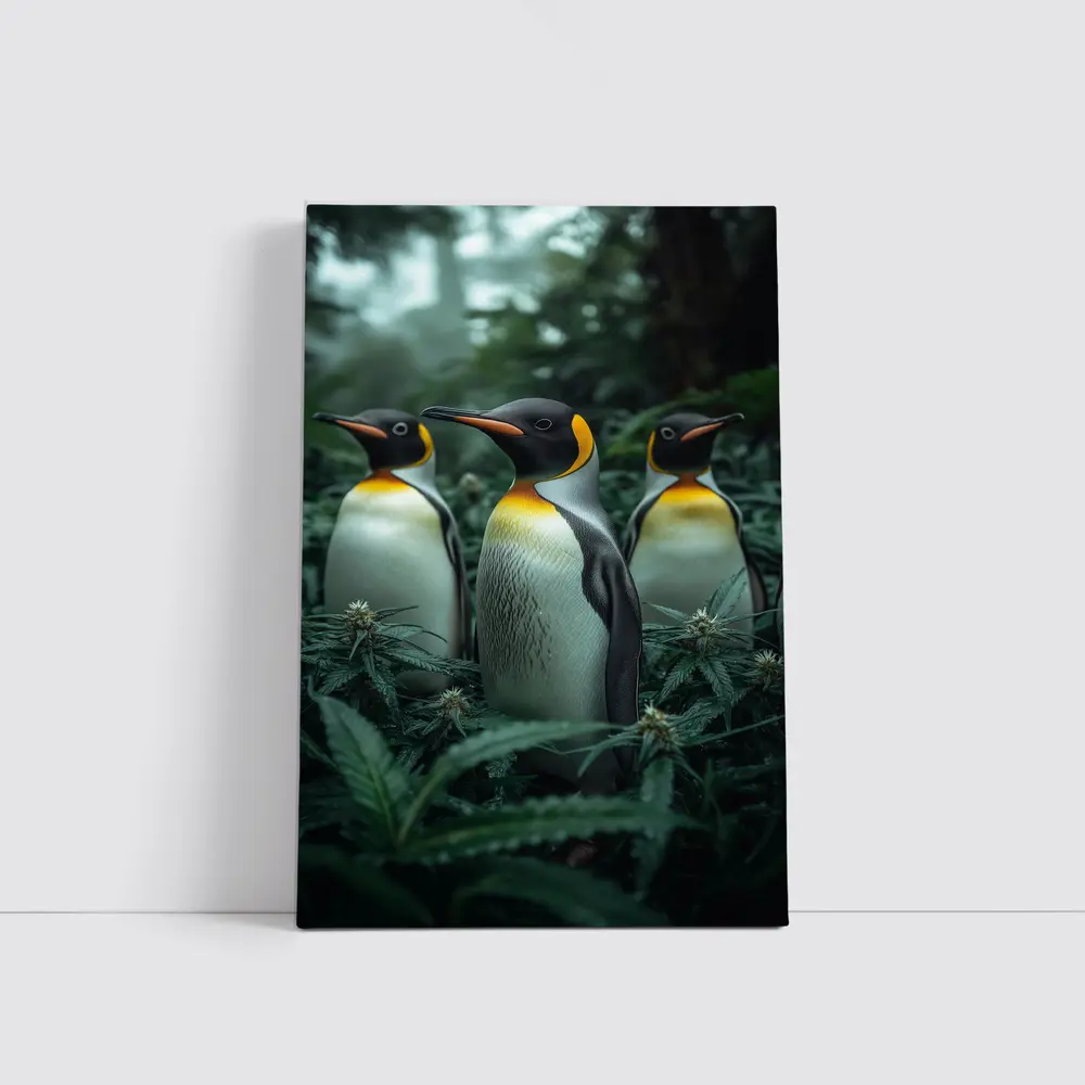 King Penguins Standing Among Cannabis Plants – Wall Art