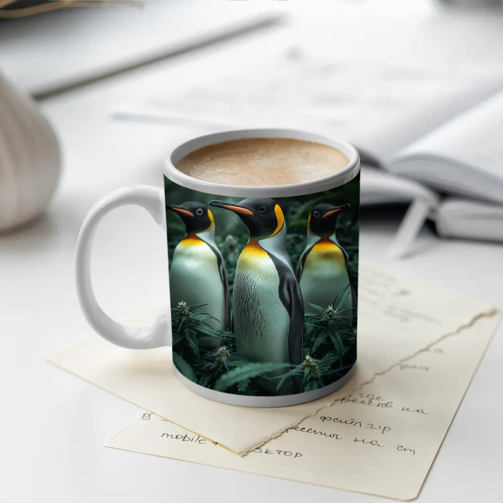King Penguins Standing Among Cannabis Plants – Mugs