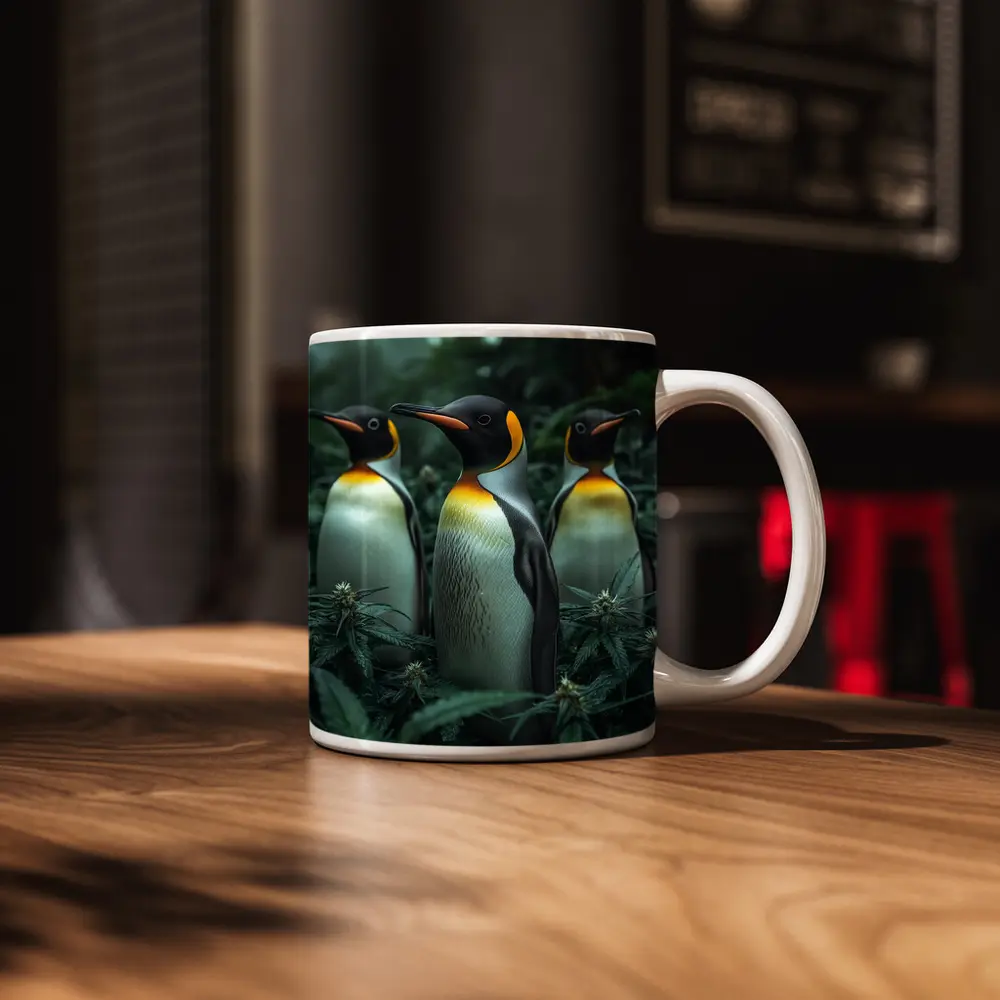 King Penguins Standing Among Cannabis Plants – Mugs