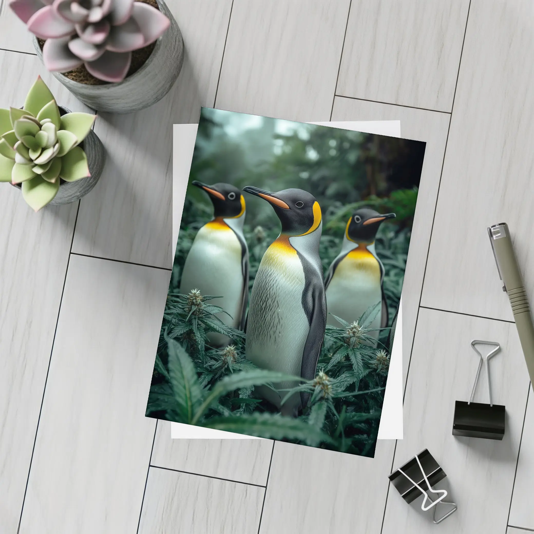 King Penguins Standing Among Cannabis Plants – Postcards