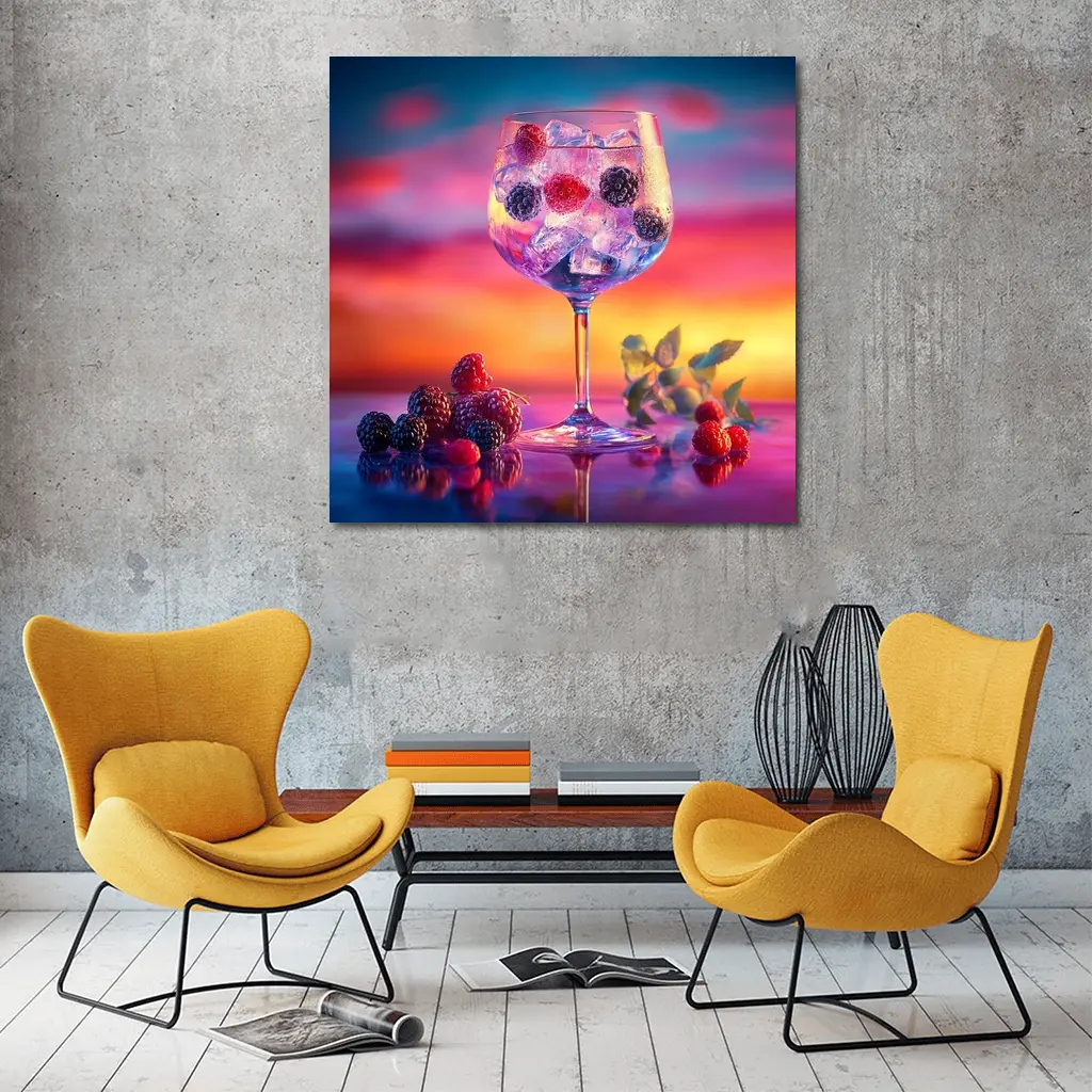 Berry Cocktail Glass Sunset Sky Background – Wall Art