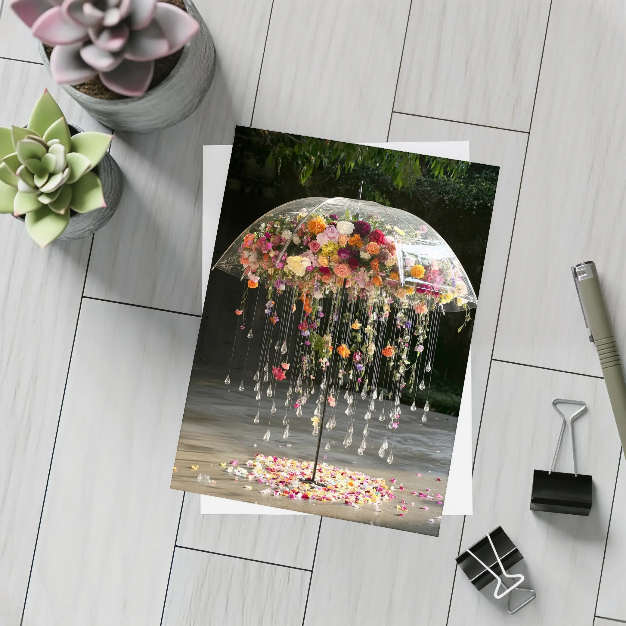 Floral Umbrella Crystal Drops Garden Installation Art – Postcards