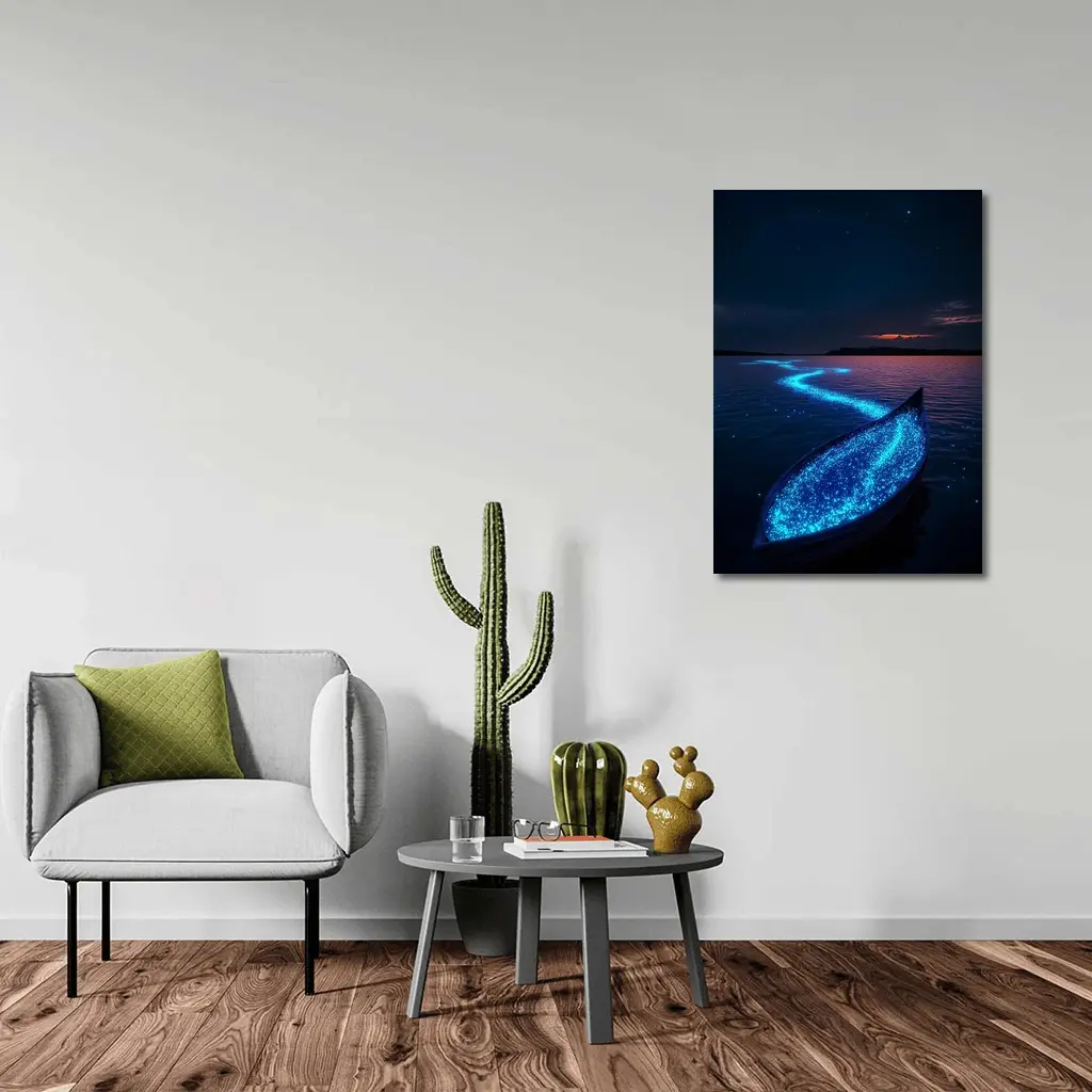 Glowing Bioluminescent Boat on Dark Night Lake – Wall Art