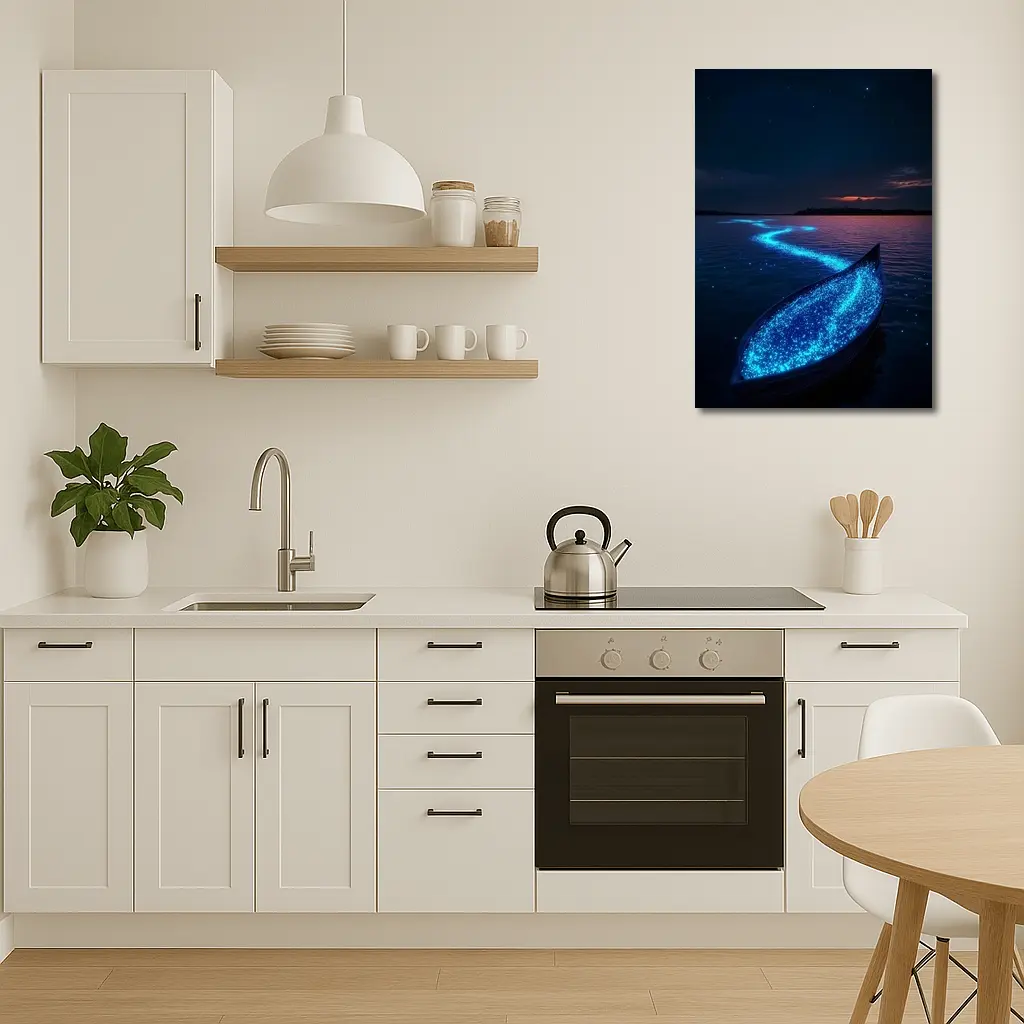 Glowing Bioluminescent Boat on Dark Night Lake – Wall Art