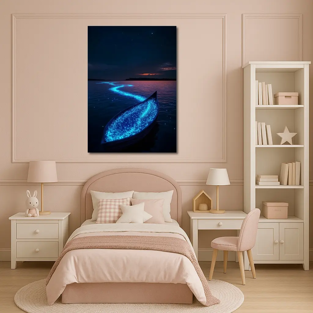 Glowing Bioluminescent Boat on Dark Night Lake – Wall Art