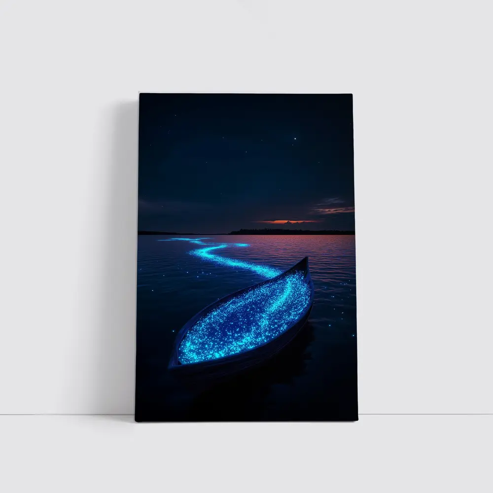 Glowing Bioluminescent Boat on Dark Night Lake – Wall Art