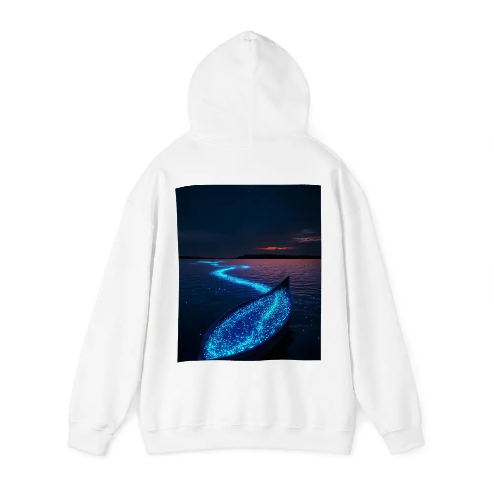 Glowing Bioluminescent Boat on Dark Night Lake – Hoodies