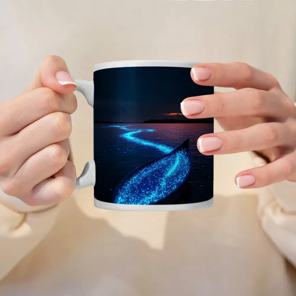 Glowing Bioluminescent Boat on Dark Night Lake – Mugs