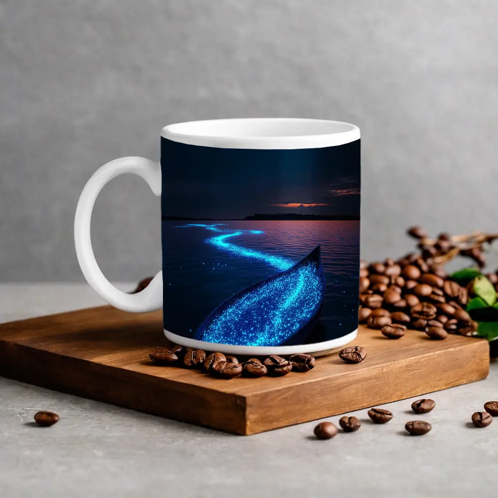 Glowing Bioluminescent Boat on Dark Night Lake – Mugs