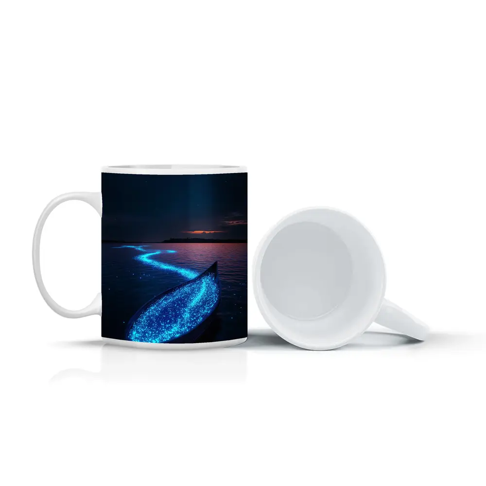 Glowing Bioluminescent Boat on Dark Night Lake – Mugs