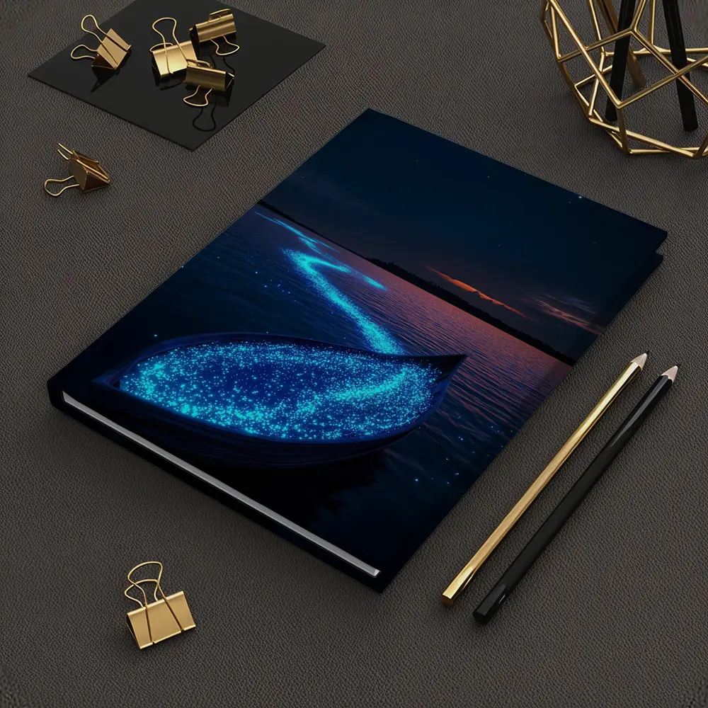 Glowing Bioluminescent Boat on Dark Night Lake – Notebooks
