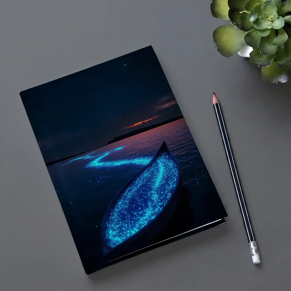 Glowing Bioluminescent Boat on Dark Night Lake – Notebooks